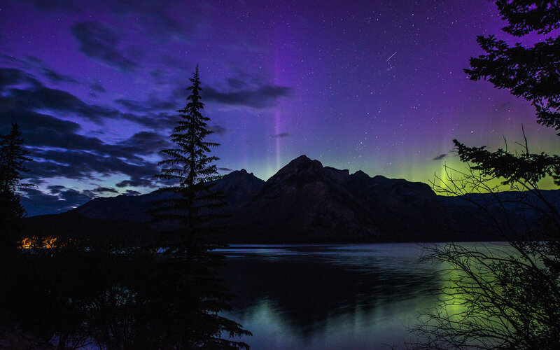 Aurora Borealis over Lake — Purple, Serene, Night, Photograph, Mountains