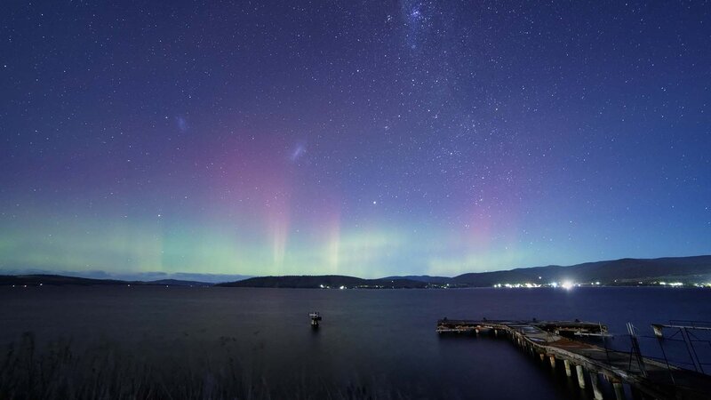 Aurora Borealis over Lake — Purple, Serene, Night, Photograph, Pier
