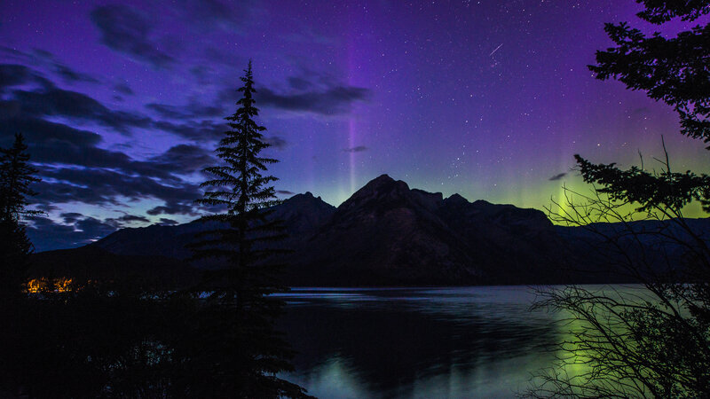 Aurora Borealis over Lake — Purple, Serene, Night, Photograph