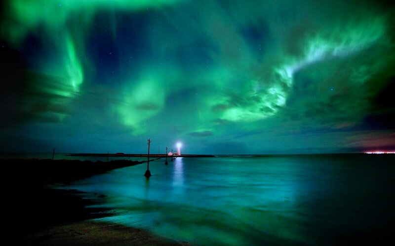 Aurora Borealis over Lighthouse — Green, Dramatic, Night, Photograph, Ocean, Sky