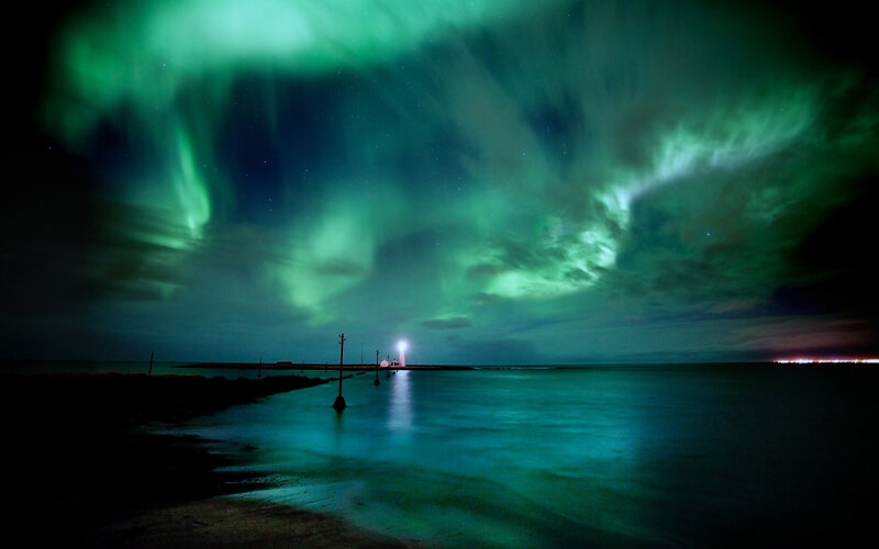 Aurora Borealis over Lighthouse — Green, Dramatic, Night, Photograph, Ocean