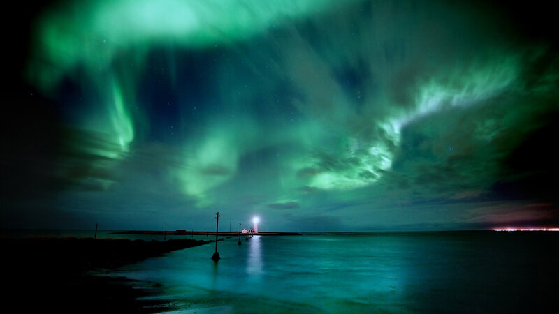 Aurora Borealis over Lighthouse — Green, Dramatic, Night, Photograph, Sea, Sky