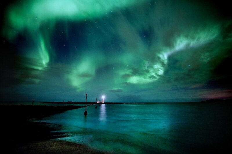 Aurora Borealis over Lighthouse — Green, Dramatic, Night, Photograph, Sea