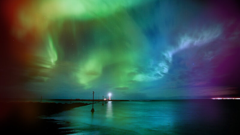 Aurora Borealis over Lighthouse — Green, Dramatic, Night, Photograph