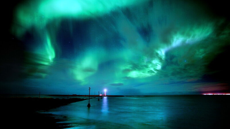 Aurora Borealis over Lighthouse — Green, Dramatic, Night