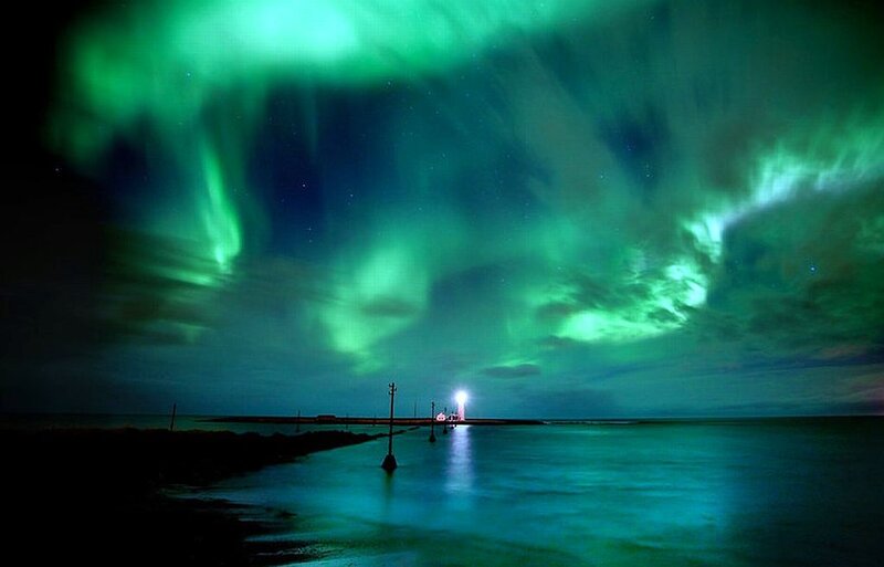 Aurora Borealis over Lighthouse — Green, Dramatic
