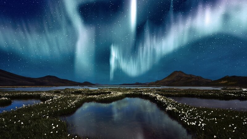 Aurora Borealis over Marsh — Blue, Serene, Night, Photograph, Mountains