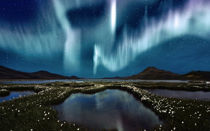 Aurora Borealis over Marsh — Blue, Serene, Night, Photograph