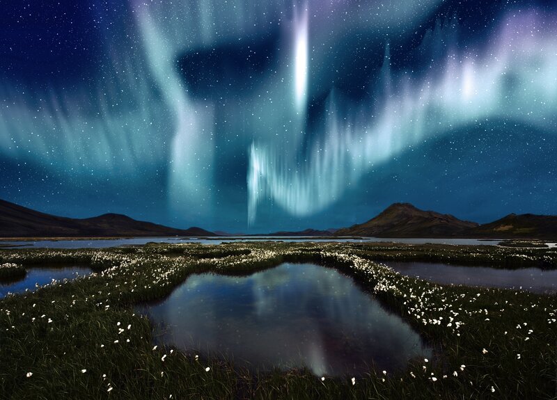 Aurora Borealis over Marsh — Blue
