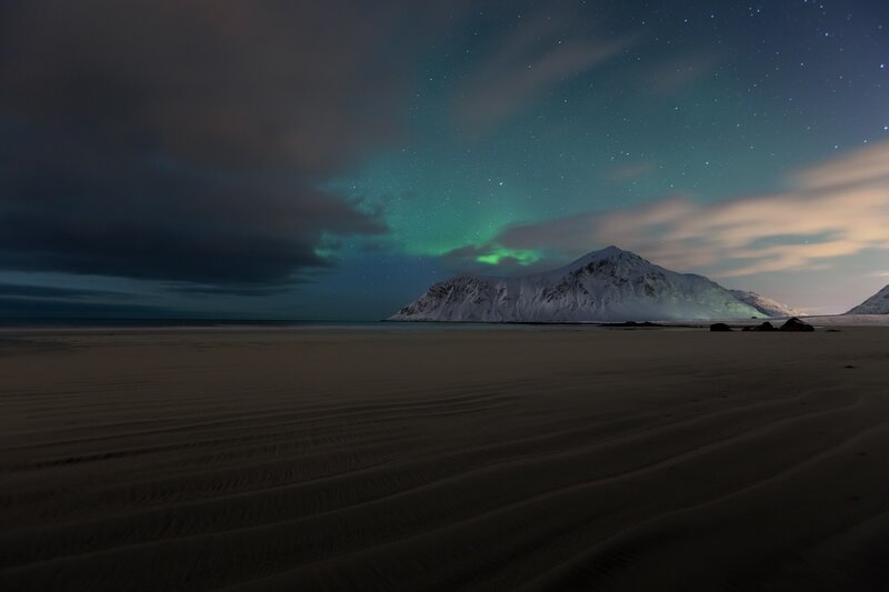 Aurora Borealis over Mountain — Green, Serene, Night, Photograph