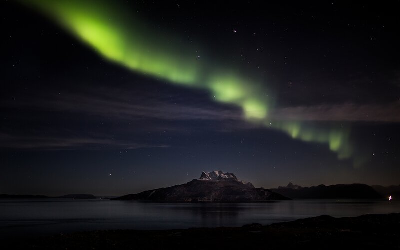 Aurora Borealis over Mountain — Green, Serene, Night
