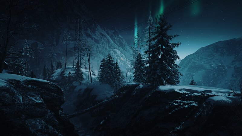 Aurora Borealis over Mountains — Blue, Dark, Serene