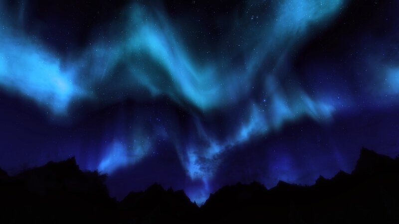 Aurora Borealis over Mountains — Blue, Dramatic, Night, Digital Art
