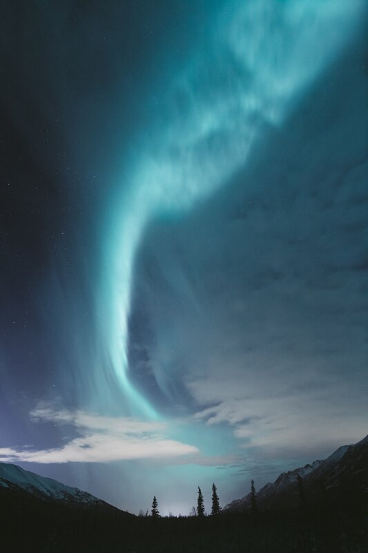 Aurora Borealis over Mountains — Blue, Dramatic, Night, Photograph