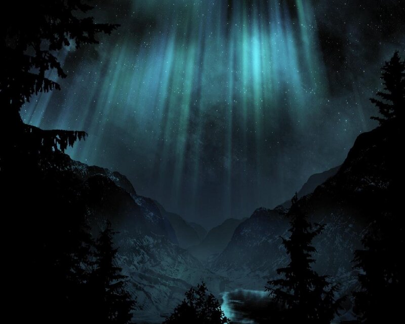 Aurora Borealis over Mountains — Blue, Serene, Night, Digital Art