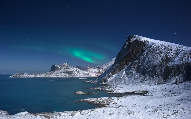 Aurora Borealis over Mountains — Blue, Serene, Night, Photograph, Sea, Sky