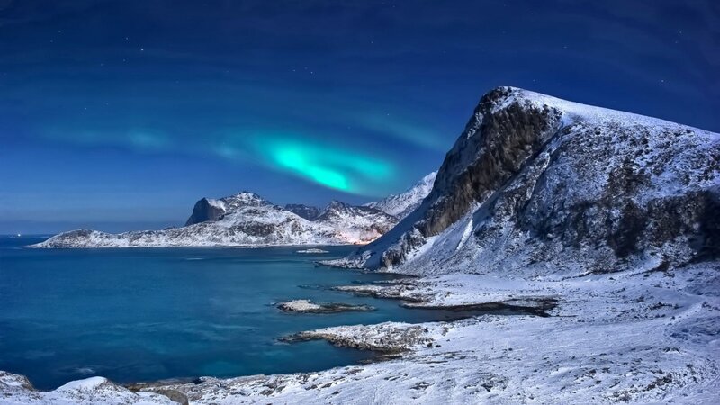 Aurora Borealis over Mountains — Blue, Serene, Night, Photograph, Sea