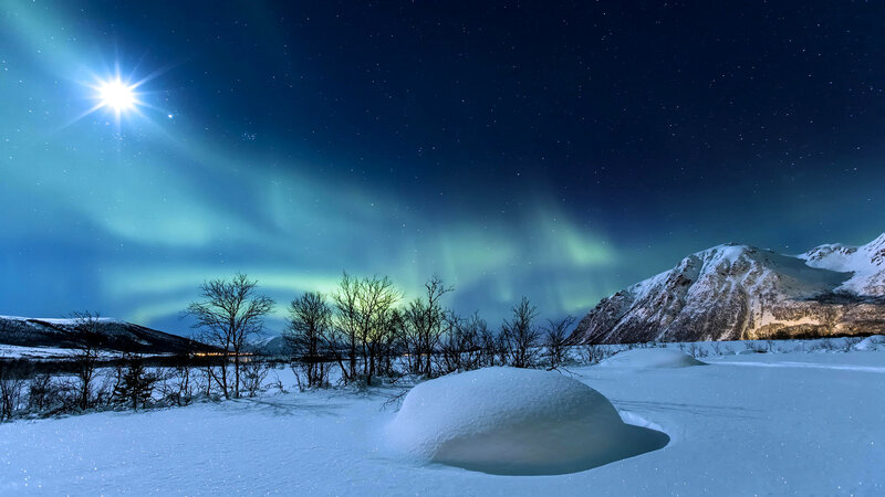 Aurora Borealis over Mountains — Blue, Serene, Night, Photograph