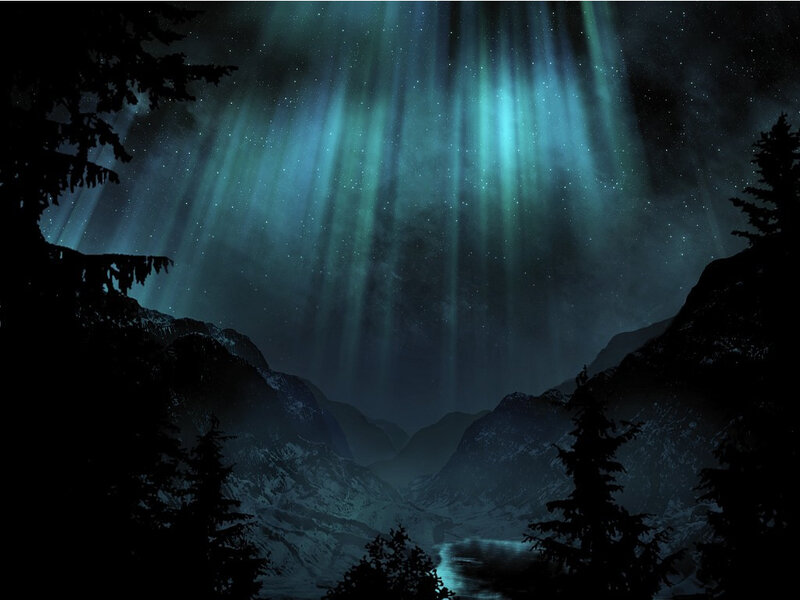 Aurora Borealis over Mountains — Green, Dramatic, Night, Digital Art