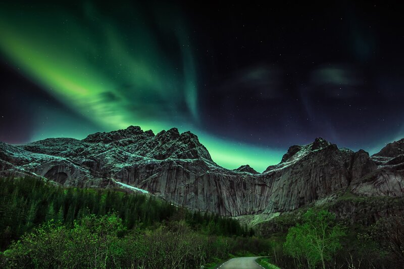 Aurora Borealis over Mountains — Green, Dramatic, Night, Photograph, Forest