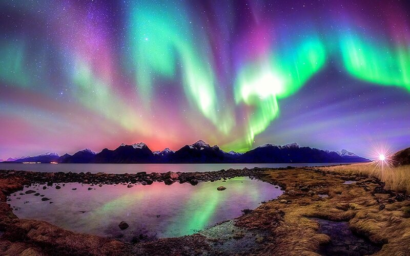 Aurora Borealis over Mountains — Green, Dramatic, Night, Photograph, Lake, Sky