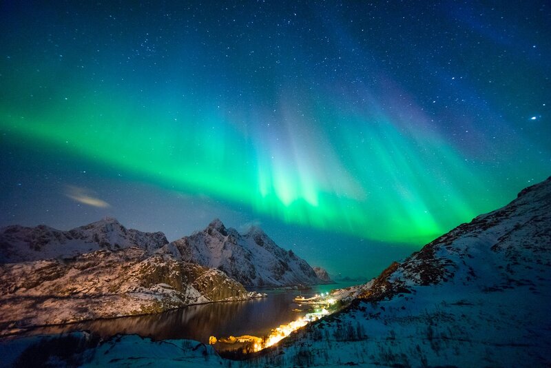 Aurora Borealis over Mountains — Green, Dramatic, Night, Photograph, Lake, Village