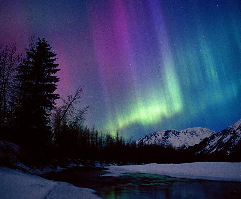 Aurora Borealis over Mountains — Green, Dramatic, Night, Photograph, River