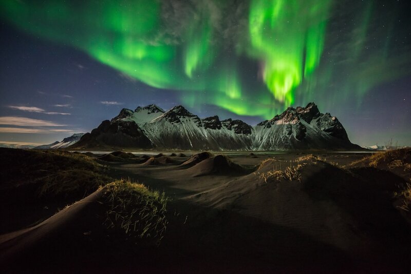 Aurora Borealis over Mountains — Green, Dramatic, Night, Photograph, Sand Dunes