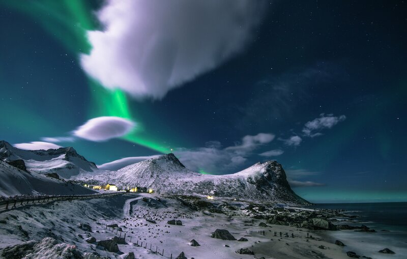 Aurora Borealis over Mountains — Green, Dramatic, Night, Photograph, Sea, Clouds