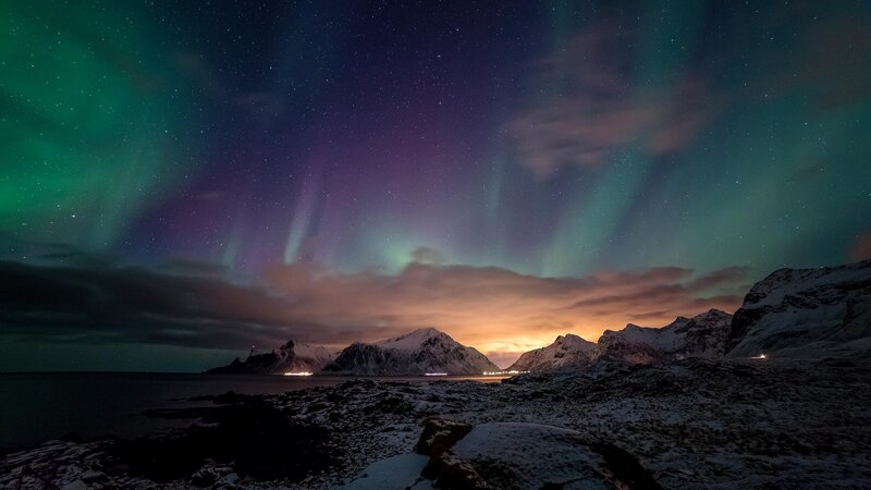 Aurora Borealis over Mountains — Green, Dramatic, Night, Photograph, Sea, Stars