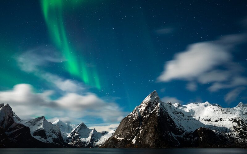 Aurora Borealis over Mountains — Green, Dramatic, Night, Photograph, Sky, Clouds