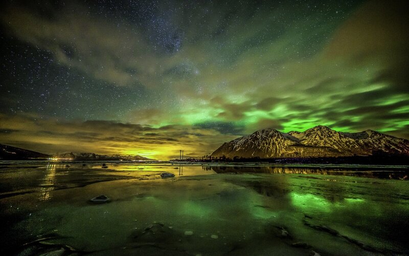Aurora Borealis over Mountains — Green, Dramatic, Night, Photograph, Sky