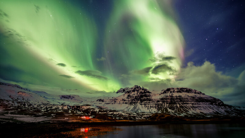Aurora Borealis over Mountains — Green, Dramatic, Night, Photograph, Sky, Water