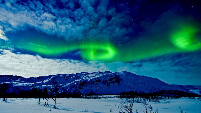 Aurora Borealis over Mountains — Green, Dramatic, Night, Photograph, Snow, Clouds
