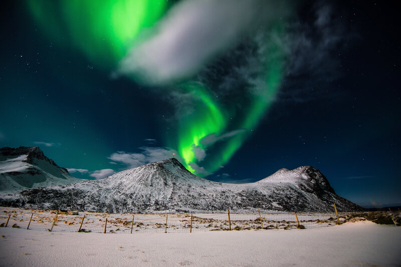 Aurora Borealis over Mountains — Green, Dramatic, Night, Photograph, Snow, Fence