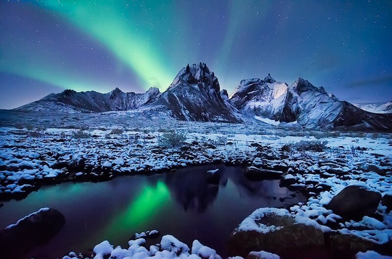 Aurora Borealis over Mountains — Green, Dramatic, Night, Photograph, Snow, Pond