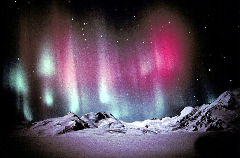 Aurora Borealis over Mountains — Green, Dramatic, Night, Photograph, Snow