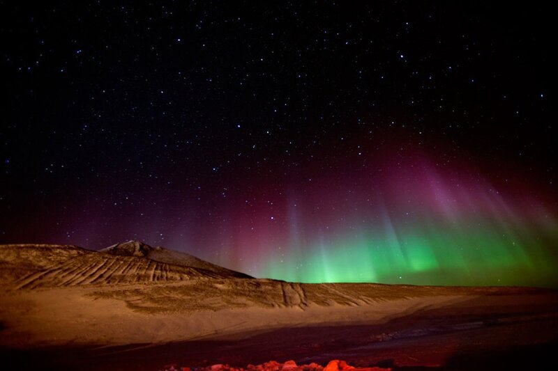 Aurora Borealis over Mountains — Green, Dramatic, Night, Photograph, Stars, Sky, Purple