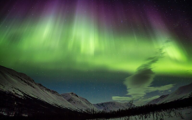 Aurora Borealis over Mountains — Green, Dramatic, Night, Photograph, Stars, Snow