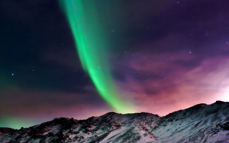 Aurora Borealis over Mountains — Green, Dramatic, Night, Photograph, Stars