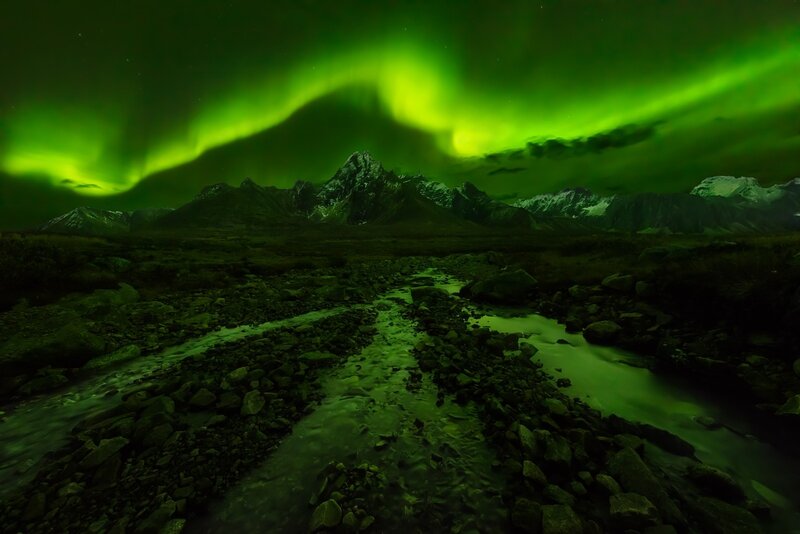 Aurora Borealis over Mountains — Green, Dramatic, Night, Photograph, Stream