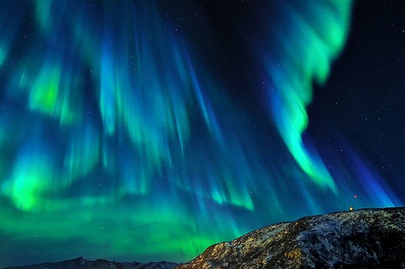 Aurora Borealis over Mountains — Green, Dramatic, Night, Photograph