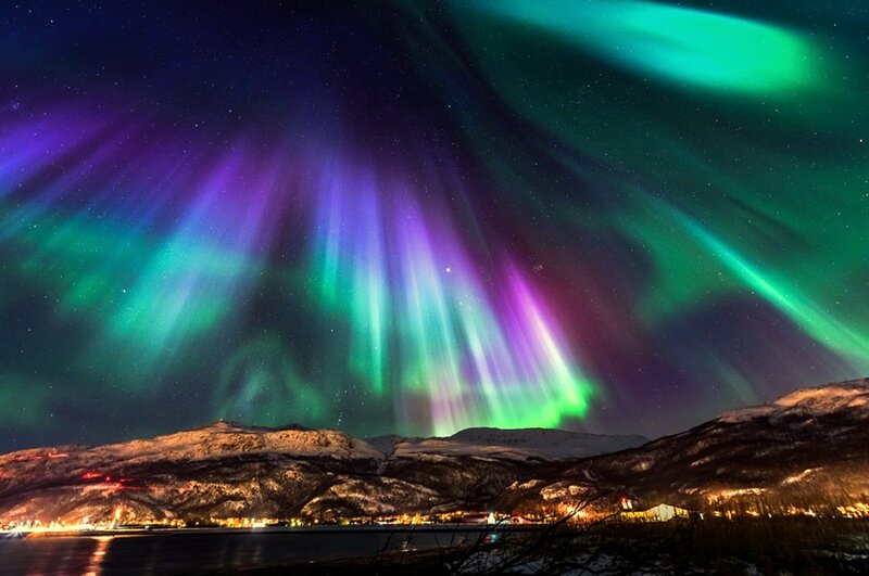 Aurora Borealis over Mountains — Green, Dramatic, Night, Photograph, Town