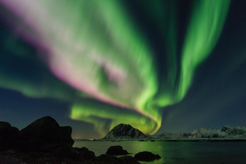Aurora Borealis over Mountains — Green, Dramatic, Night, Photograph, Water, Rocks