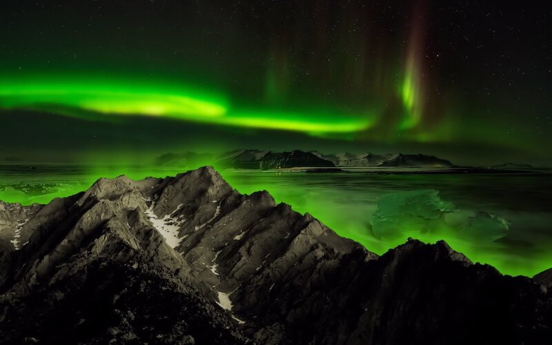 Aurora Borealis over Mountains — Green, Dramatic, Night, Photograph, Water