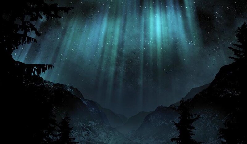 Aurora Borealis over Mountains — Green, Serene, Night, Digital Art, Trees, Stars