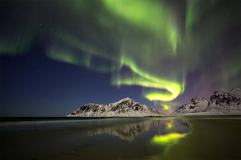Aurora Borealis over Mountains — Green, Serene, Night, Photograph, Sea, Stars