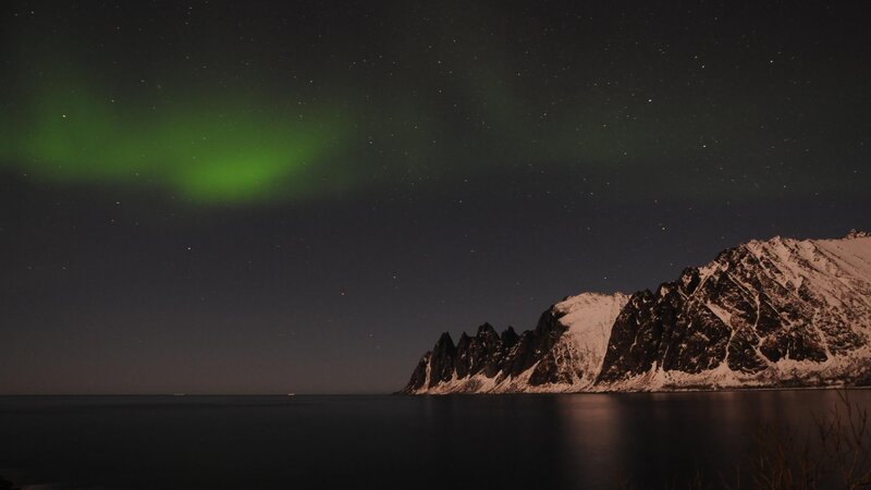 Aurora Borealis over Mountains — Green, Serene, Night, Photograph, Sea