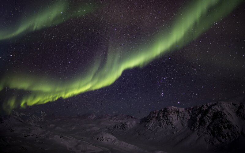 Aurora Borealis over Mountains — Green, Serene, Night, Photograph, Stars, Sky