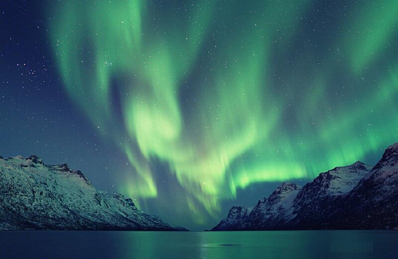 Aurora Borealis over Mountains — Green, Serene, Night